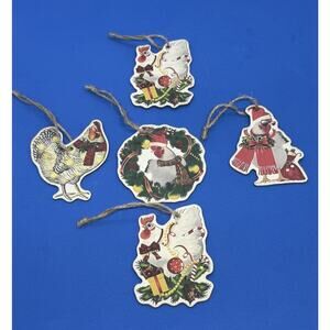 Five Chicken Themed Christmas Holiday Ornaments Balsa Wood Twine Hangers New